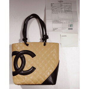 CHANEL Cambon Line Shoulder Bag Beige Leather Tote Handbag